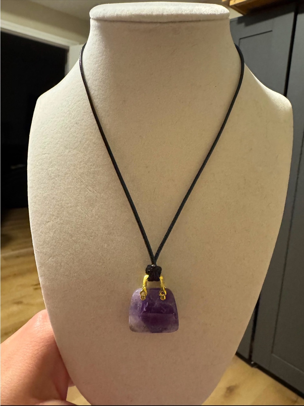 Amethyst Pendant Necklace - Purple Stone on Black Cord